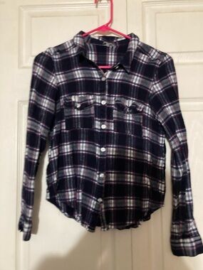 Blue and White and Red Plaid Button-Down Shirt XL
